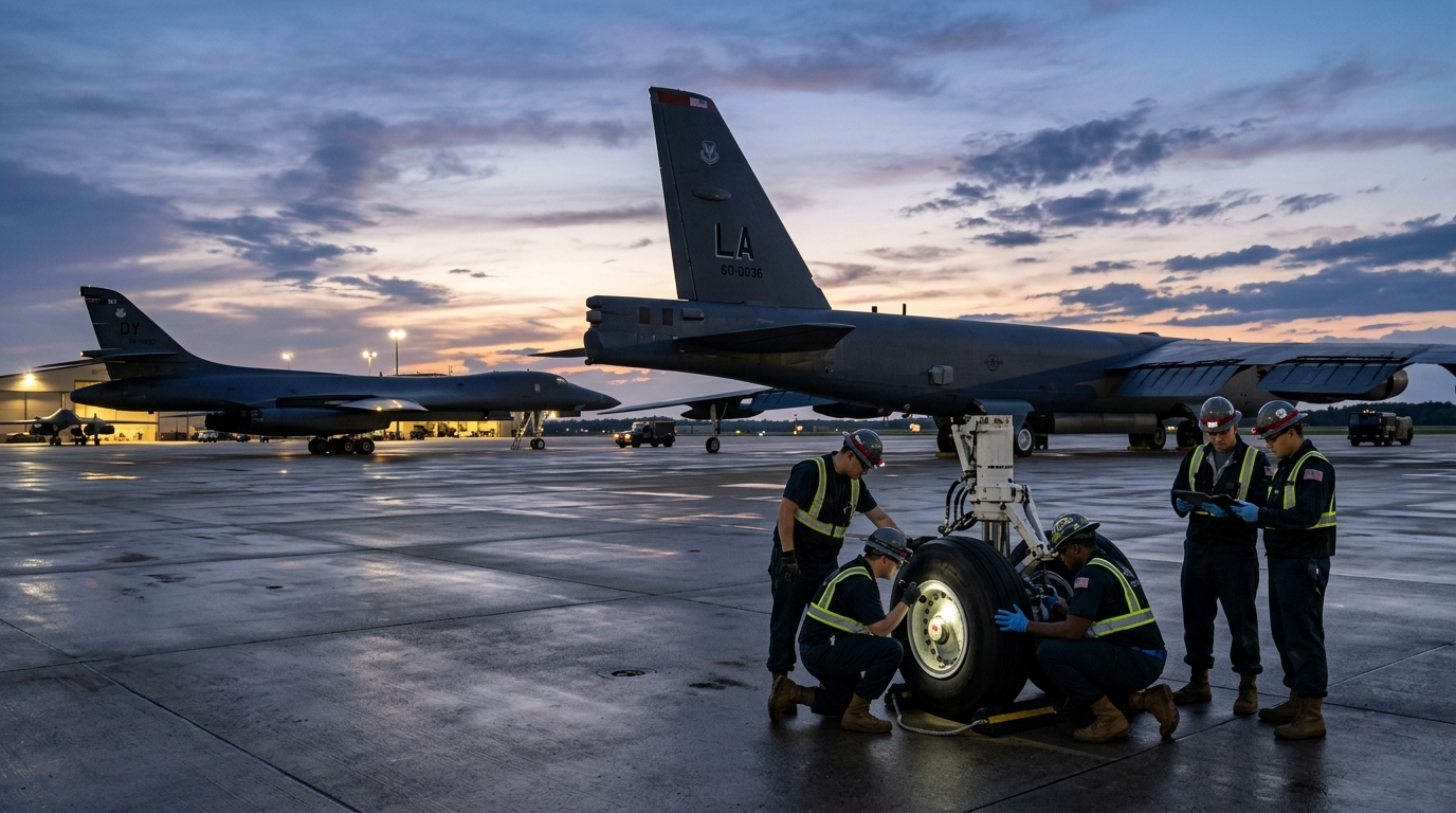 B-1B Lancer and B-52 Stratofortress Strategic Bombers on Military Flightline
