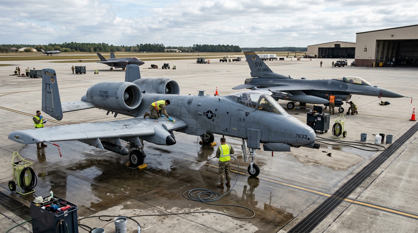 A-10 Thunderbolt II Warthog and F-16 Fighting Falcon on Maintenance Apron
